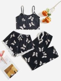 3pcs Butterfly Print Lettuce Trim Cami Top amp Shorts amp Pants PJ Set   USA at Shein