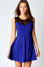 Blue dress with mesh cutout at Boohoo