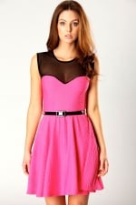 Textured pink dress with black mesh at Boohoo