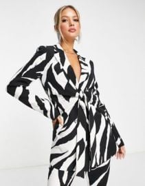 4th Reckless tie front satin blazer in zebra print - part of a set at ASOS