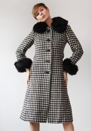 70s Vintage Black White Houndstooth Wool Fur Trim Collar - at Etsy