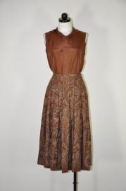 80s cinnamon midi skirt / paisley print wool skirt / spice brown pleated skirt at Etsy