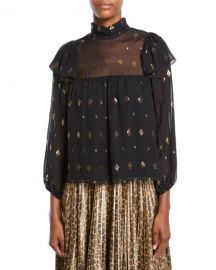 A L C  Meloni High-Neck Metallic Ruffle Top at Neiman Marcus