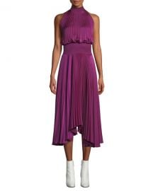 A L C  Renzo High-Neck Sleeveless Pleated Satin Midi Cocktail Dress at Neiman Marcus