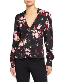 A L C  Rivera Abstract V-Neck Long-Sleeve Silk Top at Neiman Marcus