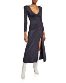 A L C  Serafina Strong-Shoulder Split Metallic Dress at Neiman Marcus