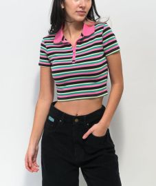 A-Lab Cordina Pink amp Green Stripe Zip Crop Polo Shirt at Zummiez