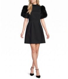 A Loves A Mock Neck Faux Fur Short Sleeve A-Line Mini Dress at Dillards