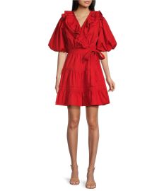 A Loves A Poplin Ruffled Surplice V-Neck Short Puffed Sleeve Side Tie Tiered A-Line Dress Dillardx27s at Dillards