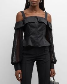 ADEAM Beth Lace Long-Sleeve Cold-Shoulder Button-Front Top at Neiman Marcus