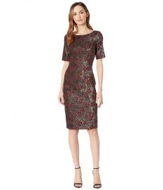 ADRIANNA PAPELL NADIA METALLIC JACQUARD SHEATH DRESS WITH ELBOW SLEEVES at Zappos