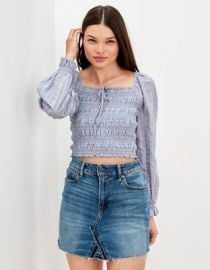 AE Smocked Puff-Sleeve Square Neck Blouse at American Eagle