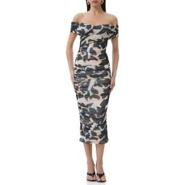 AFRM Belmont Off the Shoulder Ruched Mesh Midi Dress at Nordstrom