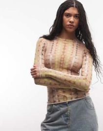 AFRM Kaylee long sleeve crew neck mesh top in beige tonal dot at ASOS