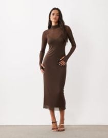 AFRM Shailene mesh turtleneck cami lining bodycon midi dress in chocolate | ASOS at ASOS