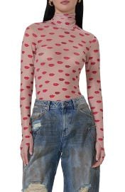 AFRM Zadie Print Turtleneck Mesh Top in Almond Kiss at Nordstrom