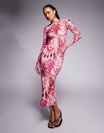 AFRM long sleeve mesh midaxi dress in berry butterfly print at ASOS