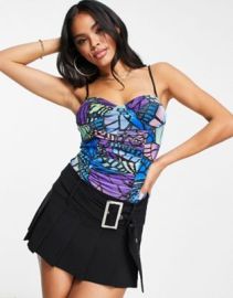 AFRM ruched mesh bodysuit in electric butterfly print at ASOS