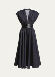 ALAIA Belted Denim Midi Dress with Contrast Seams - at Bergdorf Goodman