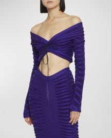 ALAIA Ribbed Off-Shoulder Crop Top w Tie Front at Neiman Marcus