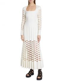 ALAIA Square-Neck Laser-Cut Pleated Maxi Dress at Neiman Marcus