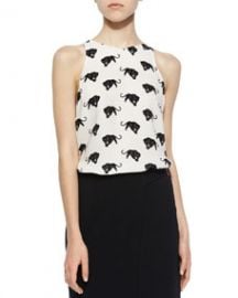 ALC Anise Panther-Print Silk Top White at Neiman Marcus