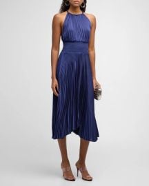 ALC Renzo II Satin Pleated High-Neck Midi Dress at Neiman Marcus