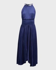 ALC Renzo II Satin Pleated High-Neck Midi Dress at Neiman Marcus