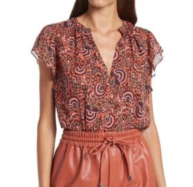 ALC Womens June 100 Silk Ruffled Sleeve Floral Blouse V-Neck Size 14 295 eBay at eBay