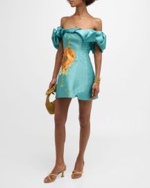 ALEMAIS Regent Jade Off-Shoulder Frill Floral Mini Dress at Neiman Marcus