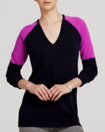 AQUA Cashmere Sweater - Colorblock V-Neck at Bloomingdales