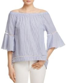 AQUA Stripe Poplin Bell Sleeve Off-the-Shoulder Top - 100  Exclusive at Bloomingdales