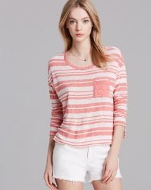 AQUA Tee - Drop Shoulder Stripe in coral at Bloomingdales