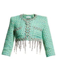 AREA Cropped Tweed Blazer w Pearl Drop Fringe at Neiman Marcus