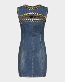 AREA Crystal Button Studded Slit Denim Mini Dress at Neiman Marcus