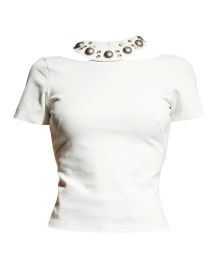 AREA Crystal Dome Collar Open-Back Crop Tee at Neiman Marcus