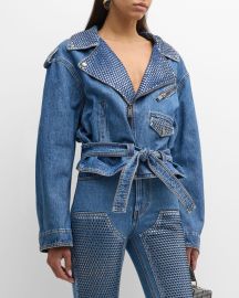 AREA Crystal-Embellished Crop Denim Moto Jacket at Neiman Marcus