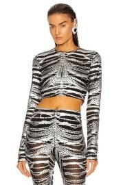 AREA Crystal Print Mesh Crop Top in Black  Silver  FWRD at Forward