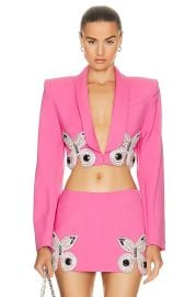 AREA Embroidered Butterfly Cropped Blazer In Carmine Pink in Carmine Rose FWRD at FWRD