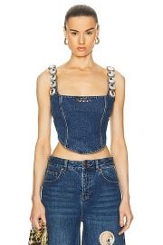 AREA Jumbo Crystal Denim Corset Top in Medium Wash FWRD at FWRD