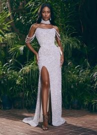 ASHLEYlauren 11598 Off Shoulder Pearl Beaded Gown at Ashley Lauren