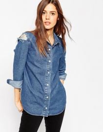 ASOS  ASOS Denim Midwash Shirt With Rips at Asos