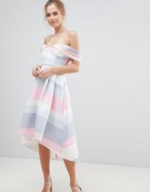 ASOS Bardot Cold Shoulder Dip Back Pastel Stripe Prom Dress at asos com at Asos