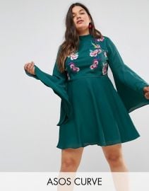 ASOS CURVE Embroidered Trumpet Sleeve Mini Dress at Asos