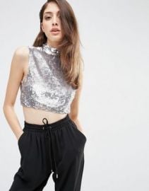 ASOS Crop Top With High Neck In All Over Sequin at asos com at Asos