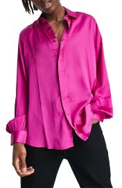 ASOS DESIGN Blouson Sleeve Satin Button-Up Shirt in Pink  at Nordstrom