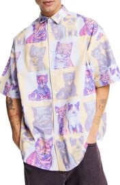 ASOS DESIGN Cat Print Short Sleeve Oversize Button-Up Shirt at Nordstrom