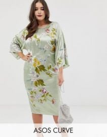 ASOS DESIGN Curve kimono midi pencil dress in satin floral embroidery at asos com at Asos