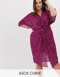 asos design scatter sequin knot front kimono midi dress