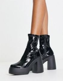 ASOS DESIGN Ember high heeled sock boots in black patent at ASOS